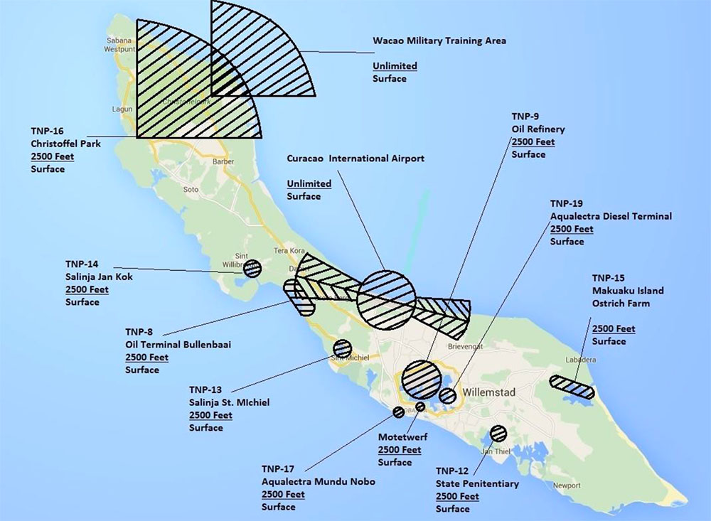 Mapa stref zakazu latania dronem na Curaçao